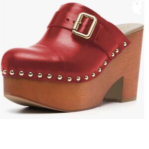 YDN Red Chic Platform Closed Round Toe Mules Rivet Studded Chunky Heels Sandals